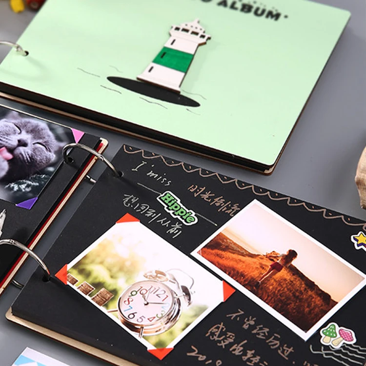 21.8*16cm 30 Sheets 350gsm Black Paperboard Wood Scrapbook Wooden Cover Photo Albums Book Online Photo to Album Maker