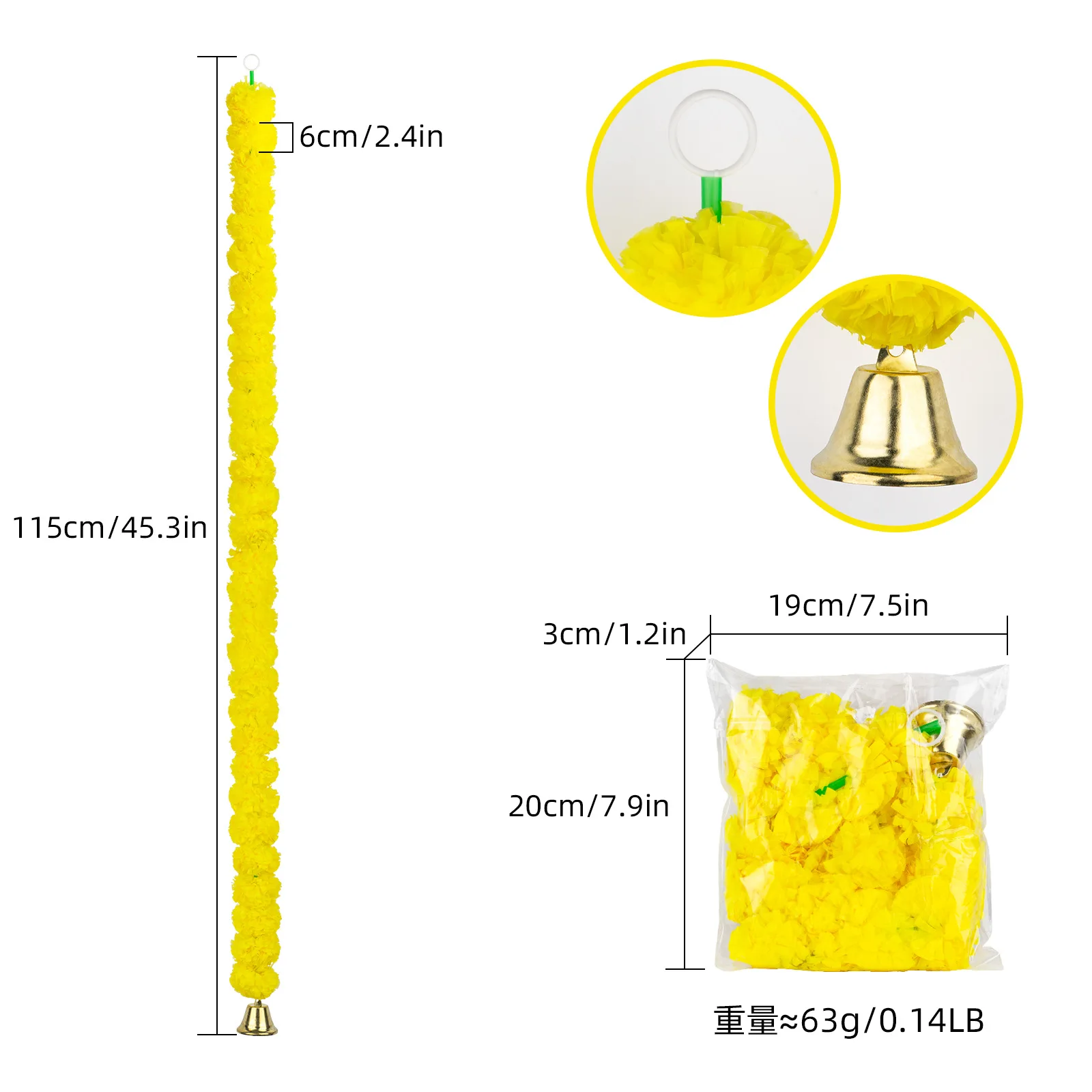 Marigold Garland with Bell 45' Wedding Party Mantle Decoration Faux Garlands Indian Diwali Mexican Day of the Dead Decoration