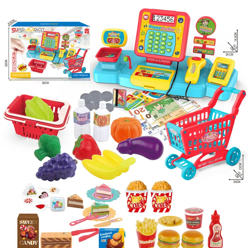 Pretend Play Toys Supermarket Set Toys Shopping Cart Cashier Supermarket Counter fruit fast food dessert  Toy For Kids