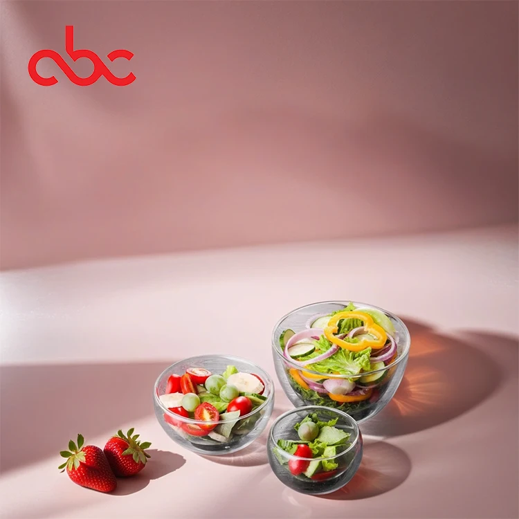 Hand Blown Heat Resistant Round Clear Double Wall Borosilicate Glass Fruit Salad Food Bowl For Home Restaurant Bar Kitchen