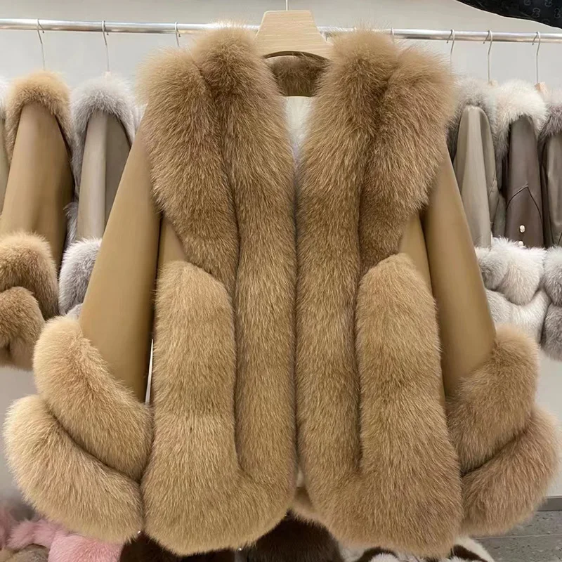 Dropshiping Winter Leather Fox Fur Coat Women Real Sheepskin Leather Jacket with Fur