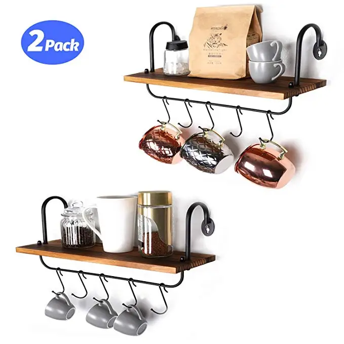 Kitchen Bathroom Coffee Nook Wall Shelves with 10 Adjustable Hooks for Mugs Cooking Utensils or Towel