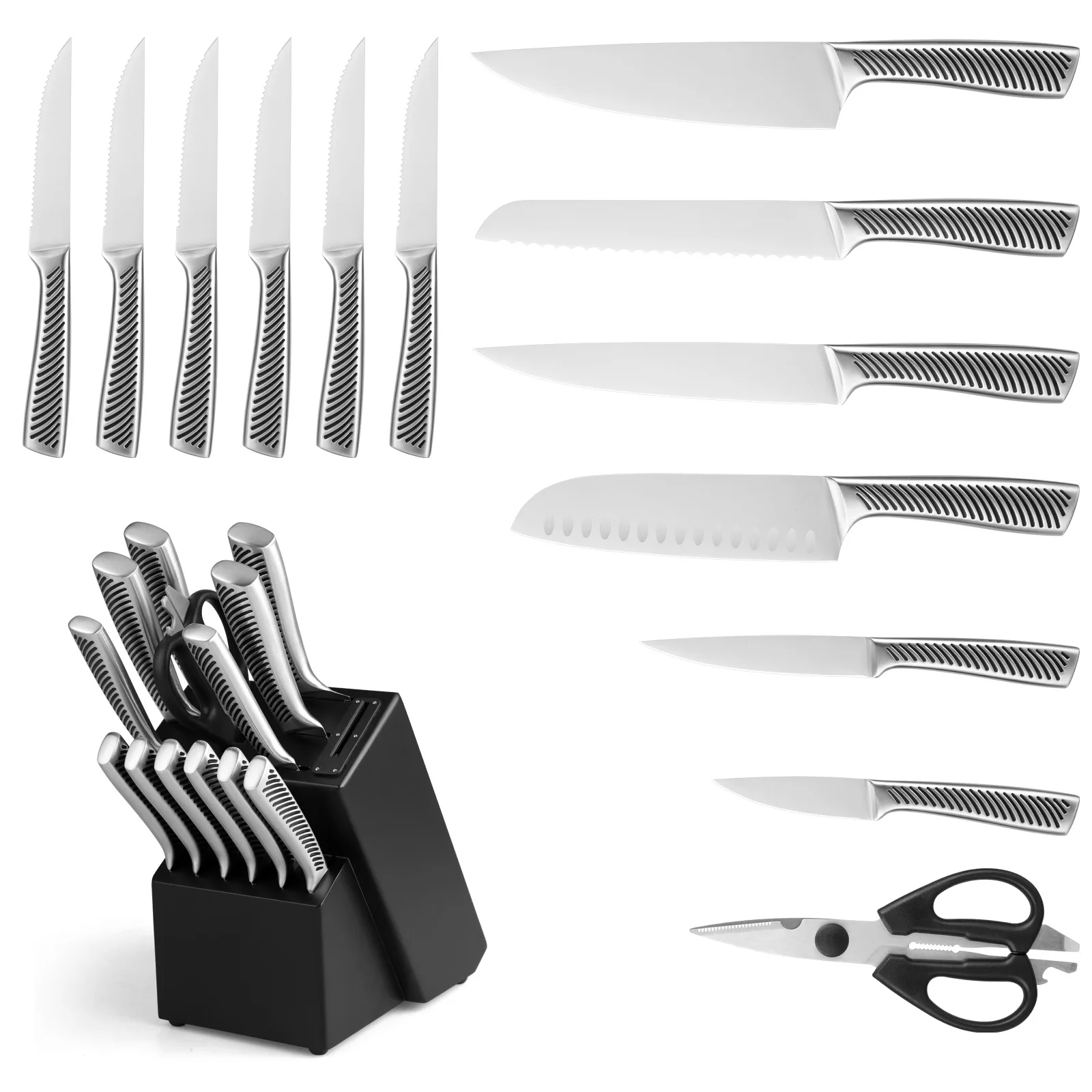 Best 14 pcs Stainless Steel Kitchen Knife Set with Hollow Handle Sharpener Knifes Holder Disposable Chef Kitchen Tool