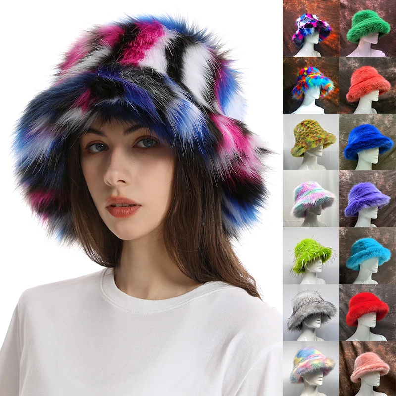 Luxury Winter Warm Oversized Faux Fur Fluffy Plush Fuzzy Women Fisherman Cap Ski Faux Fur Bucket Hat