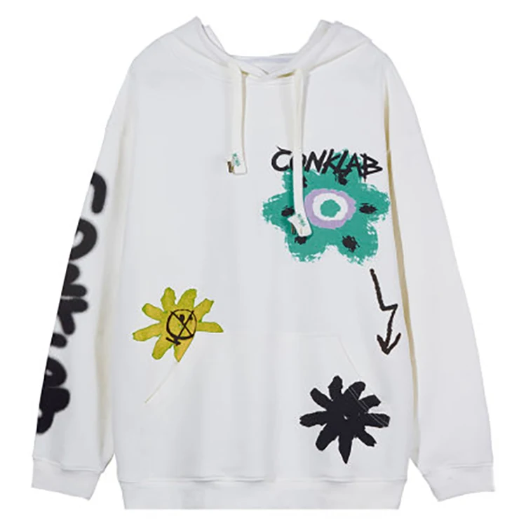 CONKLAB Wholesale Youth Kpop Loose Graffiti Floral Front Pocket Jumpers Ladies Printing Custom Women Cotton Hoodie