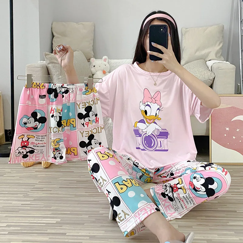 3Pcs Summer Women Sleepwear Short Sleeve Pajamas Set Sleep Tops + Shorts + Trousers Nightwear Female Cartoon Loungewear Pijamas