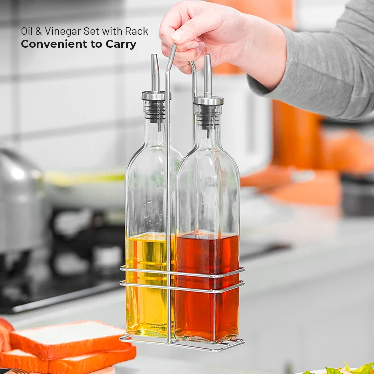kitchen competitive price olive oil & vinegar glass bottle dispenser container set with stainless steel spout