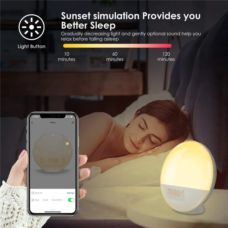 Smart life APP Control bedroom led sunrise bedside wake up light colored sunrise simulation alarm clock with radio