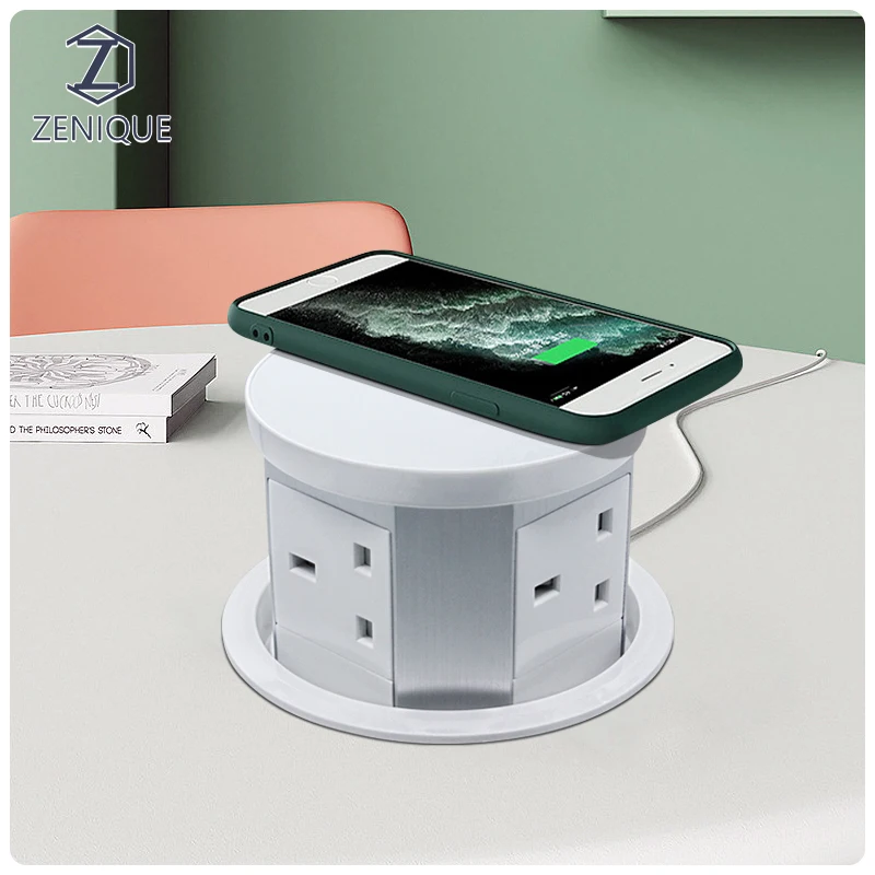 UK Standard Vertical Power Tower Socket Pop Up Outlet Kitchen Tabletop Office Desktop Hidden Socket with USB Wireless Charger