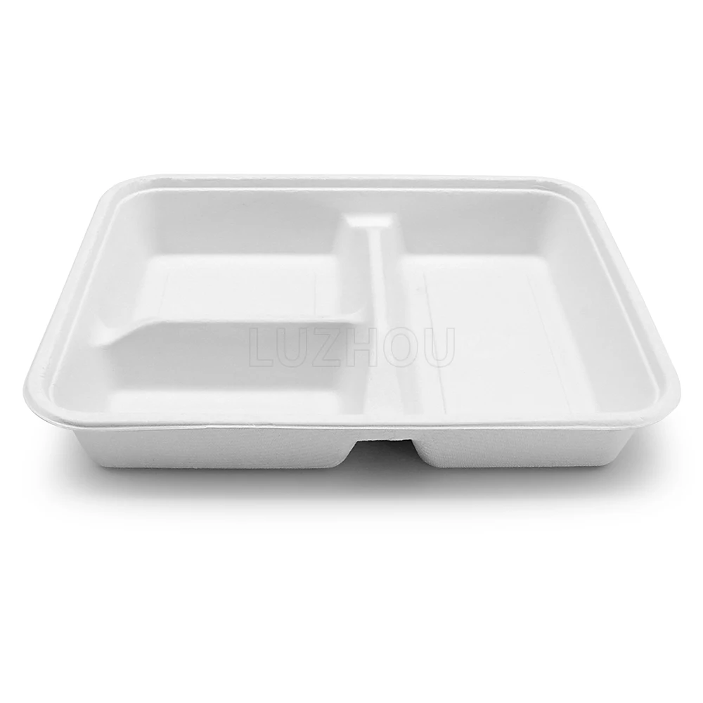 3 Compartment 9.3 Inch Sturdy Microwave Safe Eco Bagasse Disposable Divided Paper Food Tray Biodegradable with Lid (1600210624399)