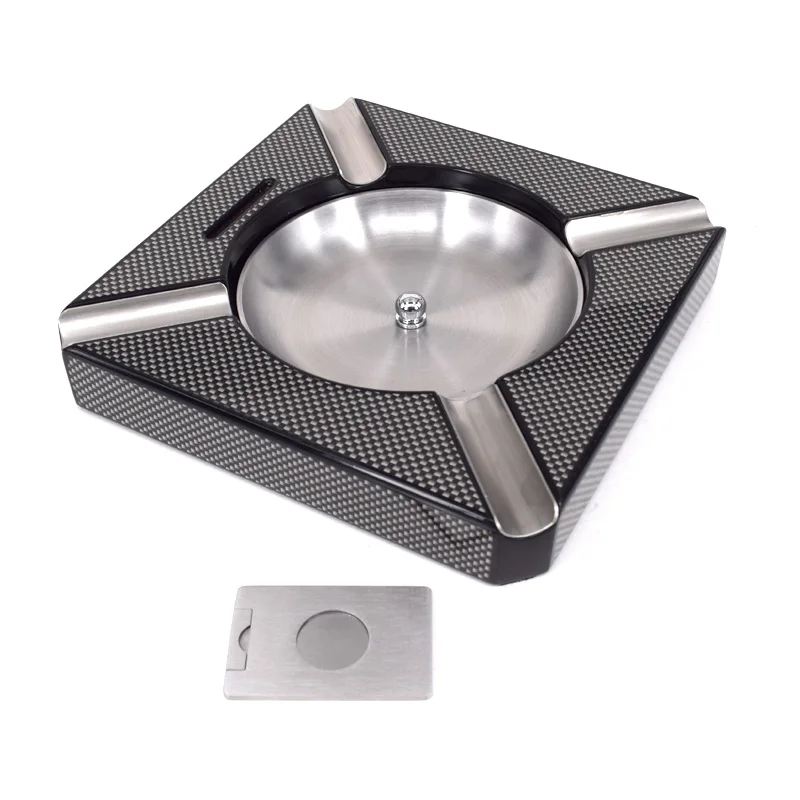 Carbon Fiber Wooden Ashtray with cutter Square Indoor  portable stainless steel cigar ashtray Cigar Accessories