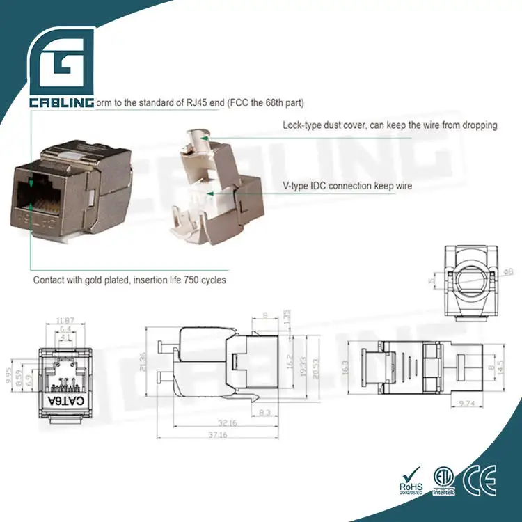 Gcabling экранированный FTP keystone jack cat6 cat6a RJ45 8P8C разъем keystone RJ45 выемки keystone