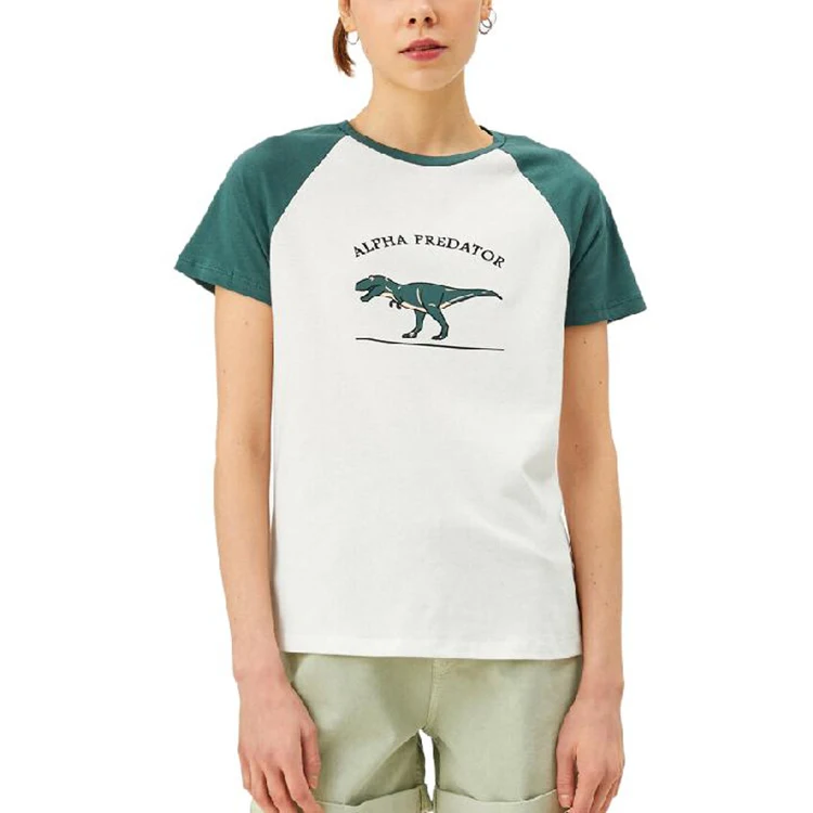 
Dinosaur Cartoon Pattern MINT And Beige Color Matching Quick Dry Ladies T-shirt 