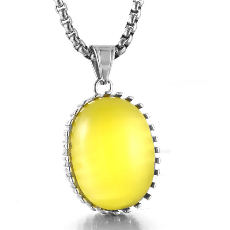 Fashion jewelry green yellow blue cat eye stone oval shape silver stainless steel pendant necklace with chain