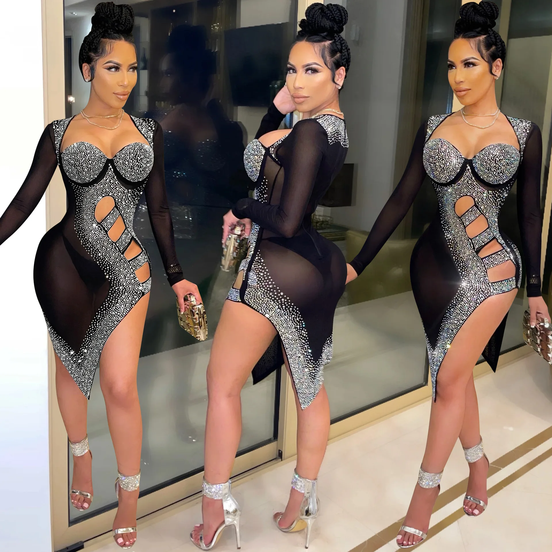 KXY5207 2021 Новое модное летнее женское прозрачное Сетчатое платье с длинным рукавом и стразами женское сексуальное и Клубное платье