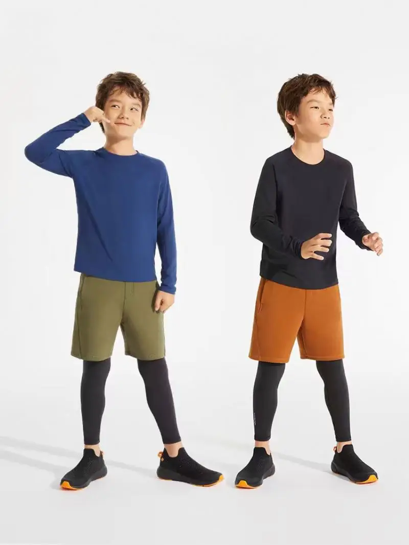 2024 new Autumn and winter  round neck long sleeve soaking wet air elastic with solid color quick dry sports T-shirt for boys