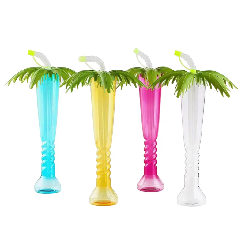 Hot sale plastic cocktail glasses 500ml coconut tree shape twist yard glass cup slush ice yard cups festival plastic with straw