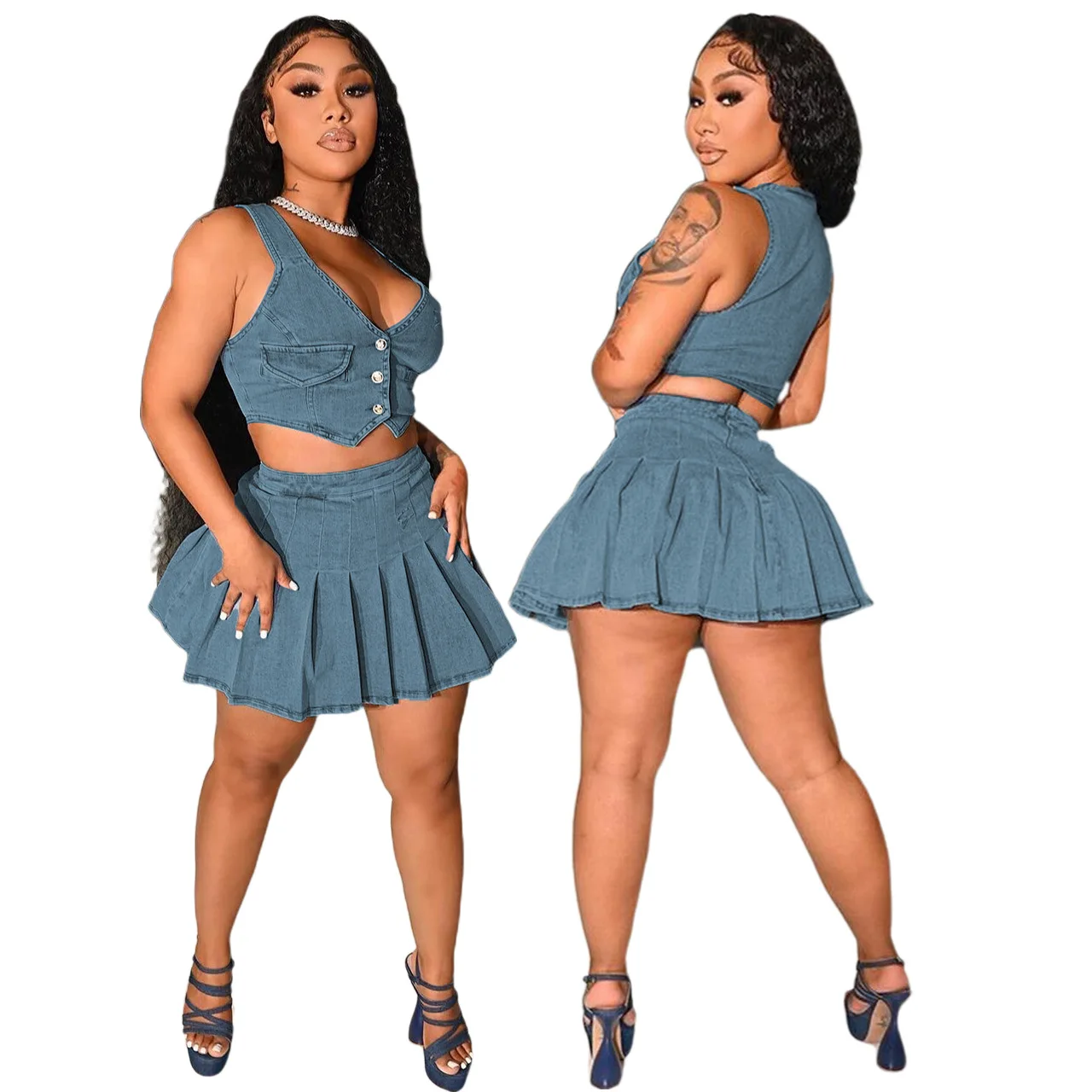 Deep V Neck Denim Crop Top With Mini Skirt Two Piece Set High Street Wear Skirt Set 2023