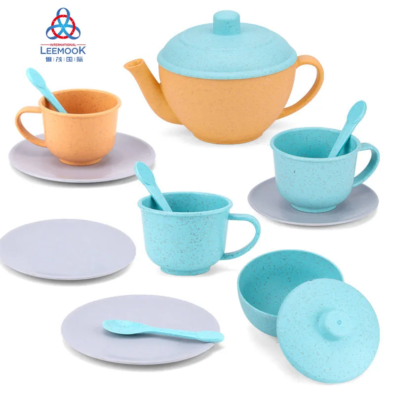 Leemook new 14 pcs wheat straw toy organic material recycled plastic kids tea set toy