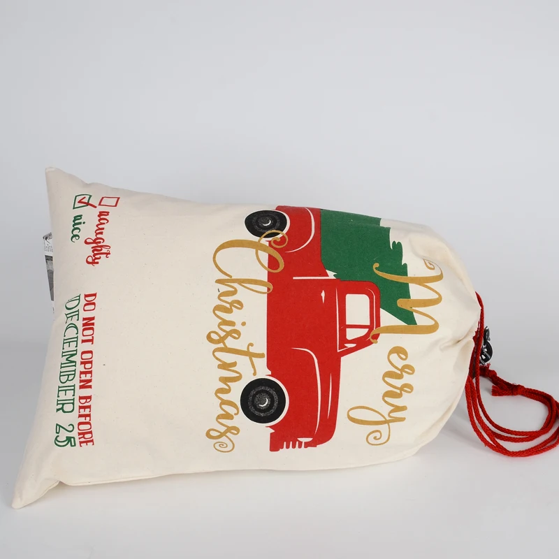9oz 100% Cotton Canvas Christmas Travel casual Sport Gym beach bag waterproof red drawstring silk screen printing pattern