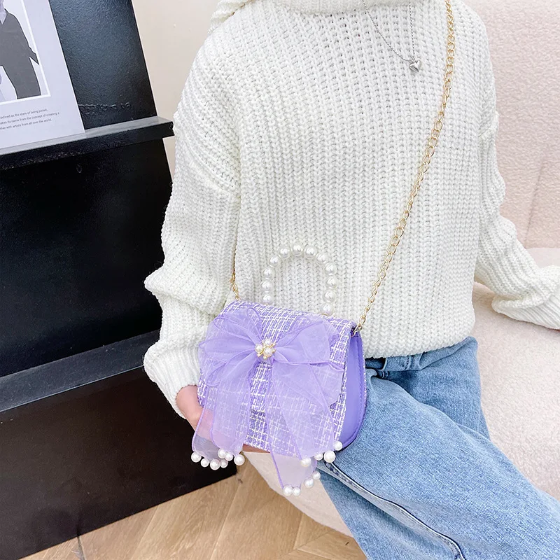 Fashion Baby Girls Pearl Bow Crossbody Bags Cute Children Pearl Handbags Toddler Kids Mini Purse