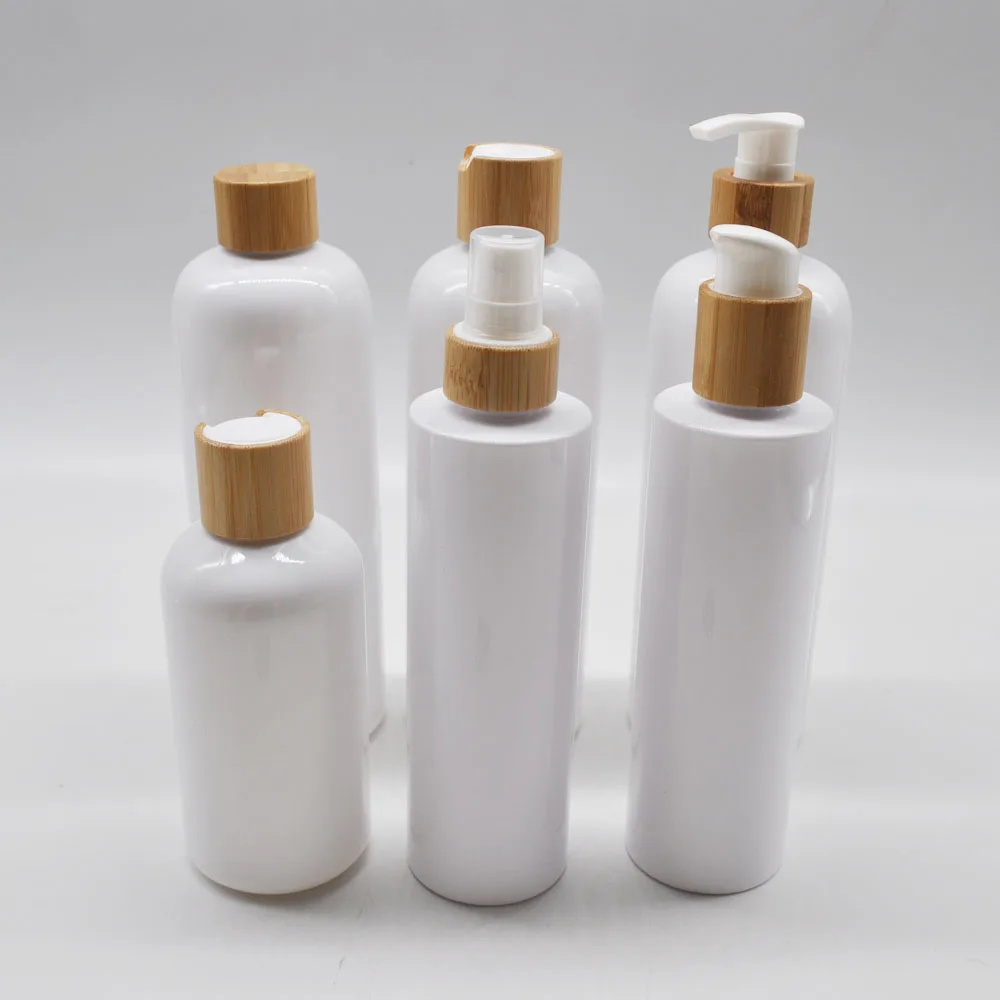200ml 250ml 500ml Clear White Plastic Pet Pump Lotion Bottle With Bamboo Lid For Shampoo And Conditioner