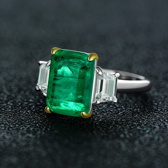 Green square emerald ring with side stones emerald engagement rings for women