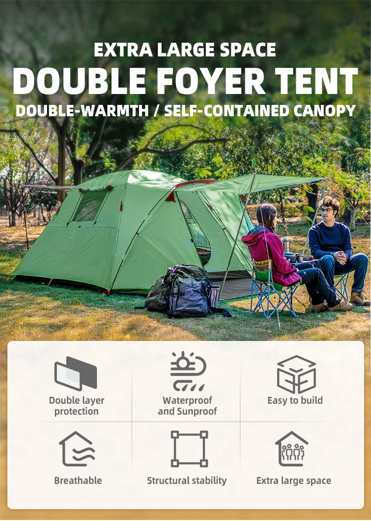 Large Size Double-Layer Outdoor Camping Tent One Bedroom One Living Room Fiberglass Summer Mountain Hikes Polyester Dome Tent