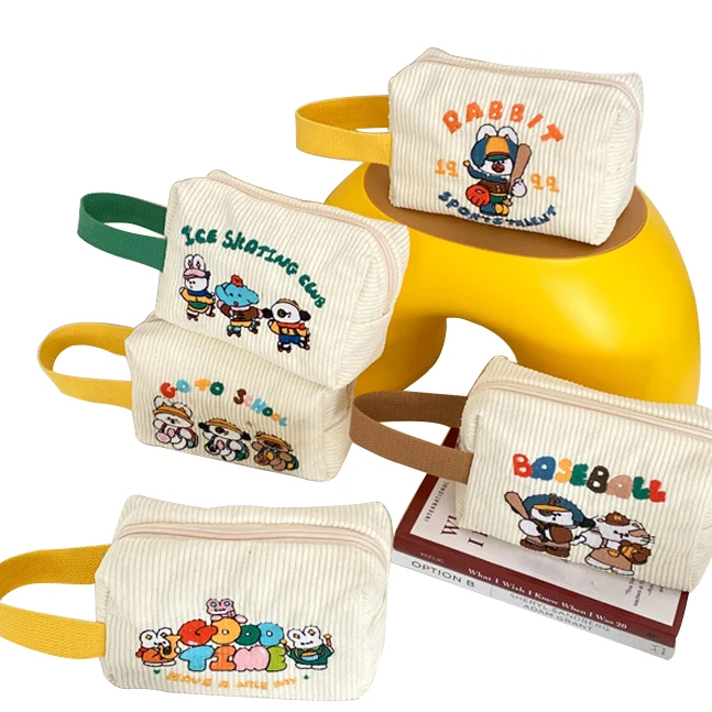 Cute Rabbit Illustration Corduroy Portable Multifunctional Reusable Makeup Bag