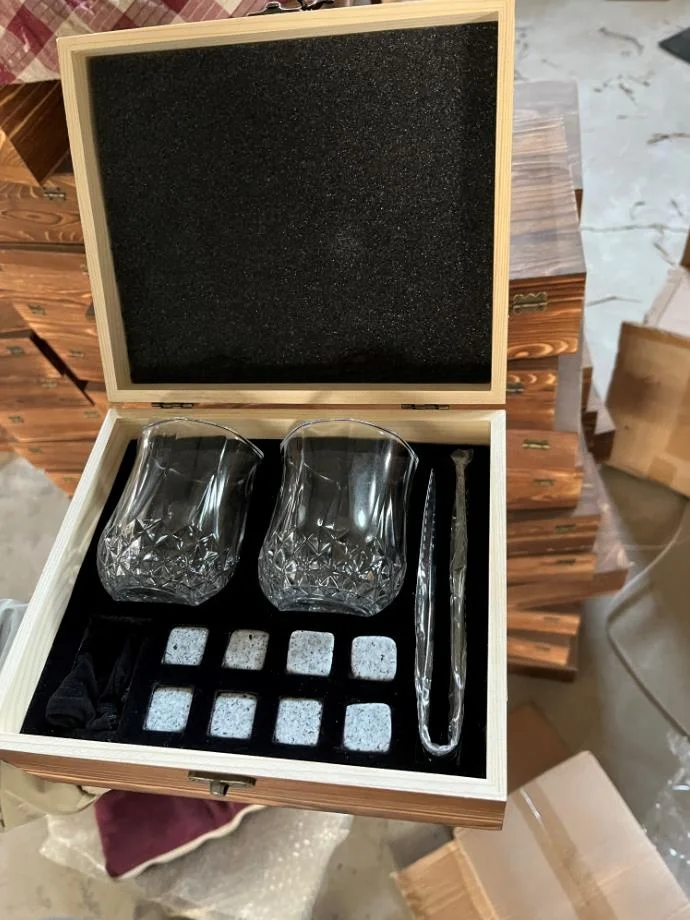 Luxury Whiskey Glass Gift Set in Wooden Box Includes 8 Whiskey Ice Stones Velvet Bag and Stainless Steel Tongs
