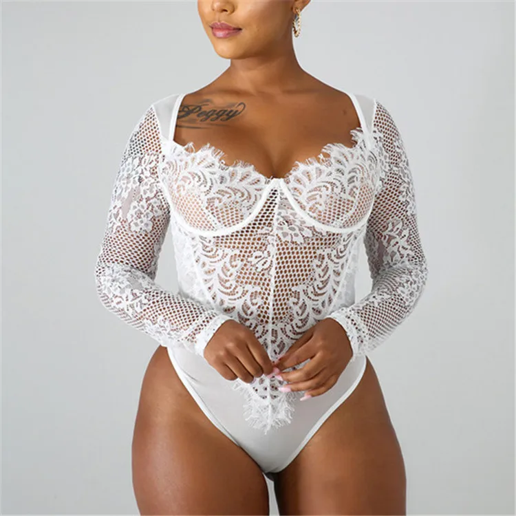Vintage Embroidered Lace Polka Dot Long Sleeve One Piece Lace Bodysuit Mesh sexy lingeries women underwear