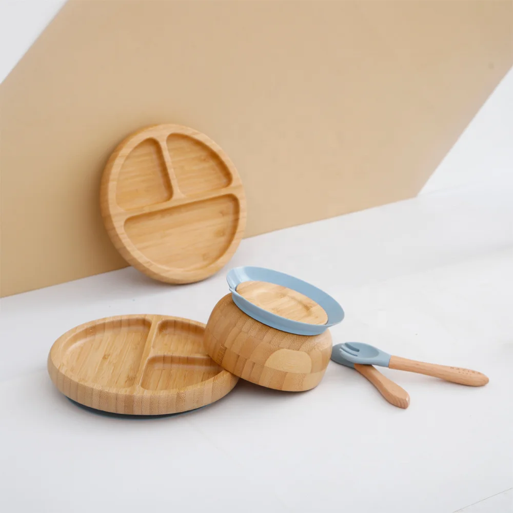 Silicone Suction Cup Fixed And Anti-slip Recycled Bamboo Plates Sets For Feeding Bowl Wooden Kids Kids Dining