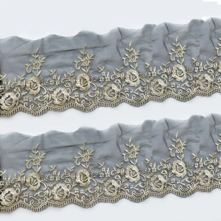 13.5cm Black Metal Mesh Lace Trim Ribbon-Shaped Gold Flower Embroidery Promotional Decorative Headdress for Wedding Dresses WB01