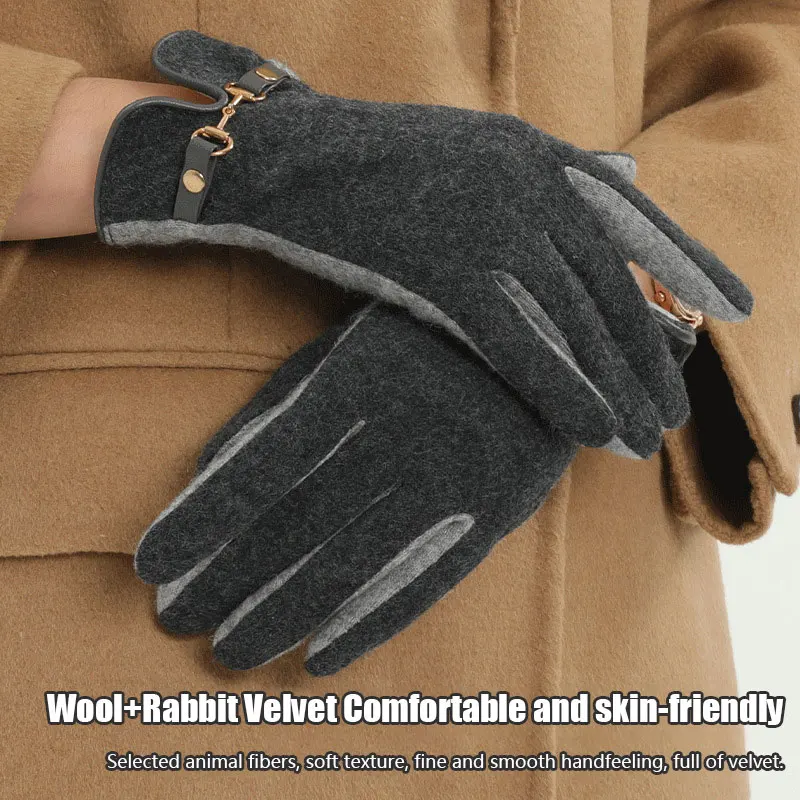 Winter Warm Slim Rabbit Fur Gloves Double Thickened Windproof Cashmere Riding Gloves with Comfortable Wrapped Wrist