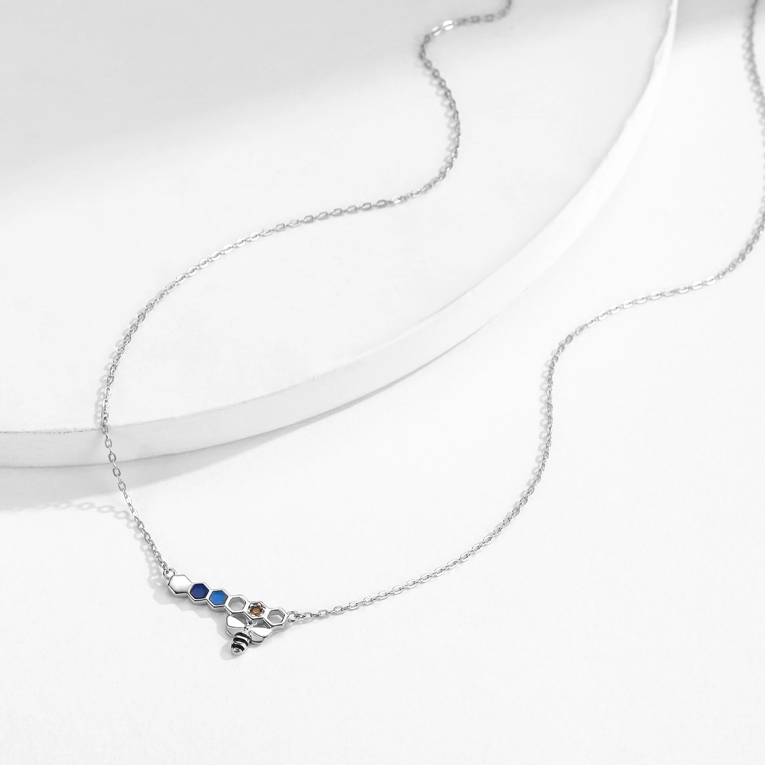 925 Sterling Silver Original Cute Rainbow Color Honeycomb Bee Link Chain CZ Pendant Necklace For Women Fine Jewelry