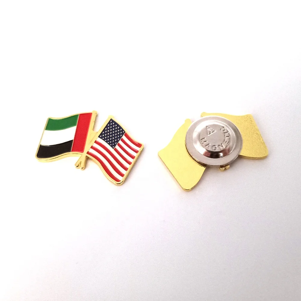 Free Mold Soft Enamel Golden UAE and USA Crossed Flag Magnet Lapel Pin Double Friendship Flag Pin