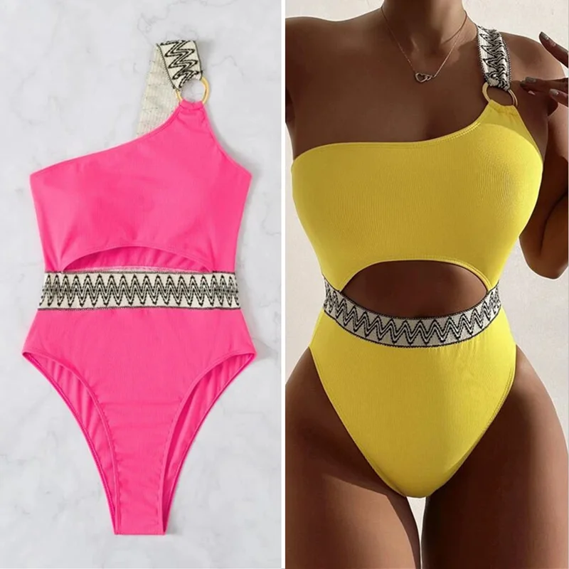 One Shoulder Zig Zag Tapes Tankini Swimwear/