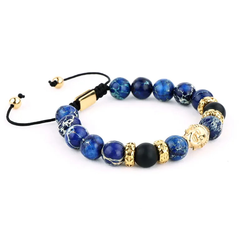 New Design Stainless Steel Buddha Charm Sediment Jasper Stone Beads Men Macrame Adjustable Bracelet Men