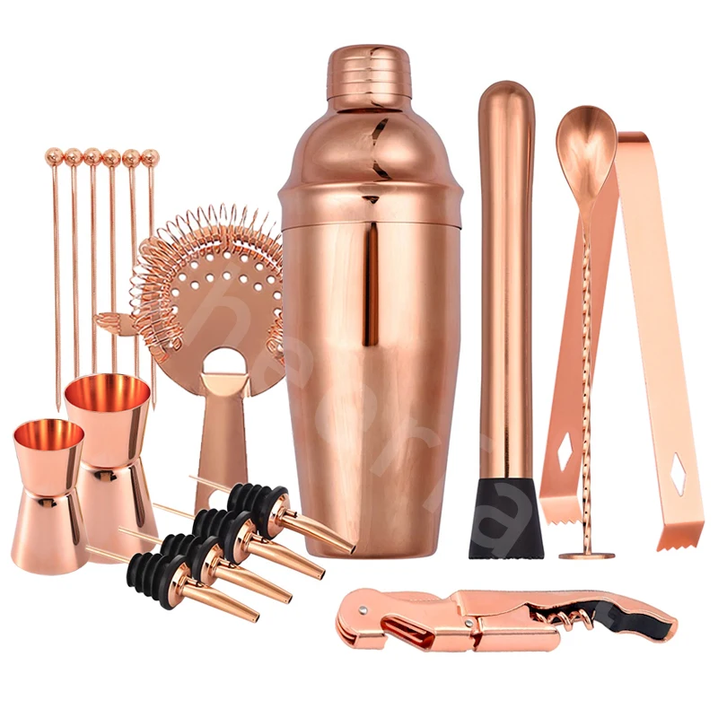 Bar Tools Cocktail Accessories 750Ml Shaker Rose Gold Stainless Steel Bartender Cocktail Shaker With Bamboo Stand