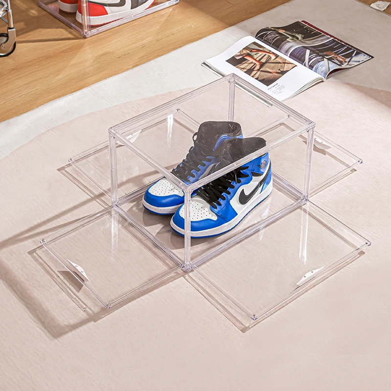 Hot sell plastic clear shoe box drop front sneaker box  transparent acrylic shoe storage  Stackable Organizer magnetic