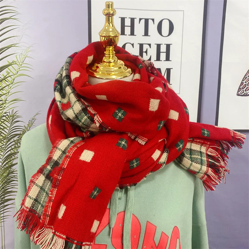 Fashion Print Double-sided Tassel Shawl Scarf Christmas Women Winter Warm Gifts Long Plaid Neck Scarf