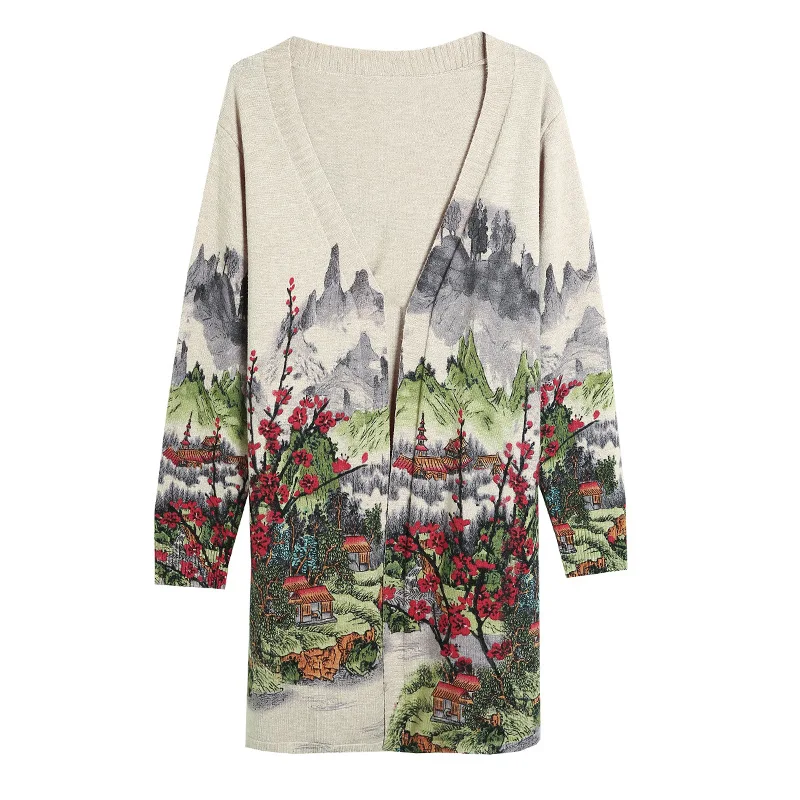 Wholesale factory direct price women sweater Chinese style long design print sweater for women accept customzimed cardigan