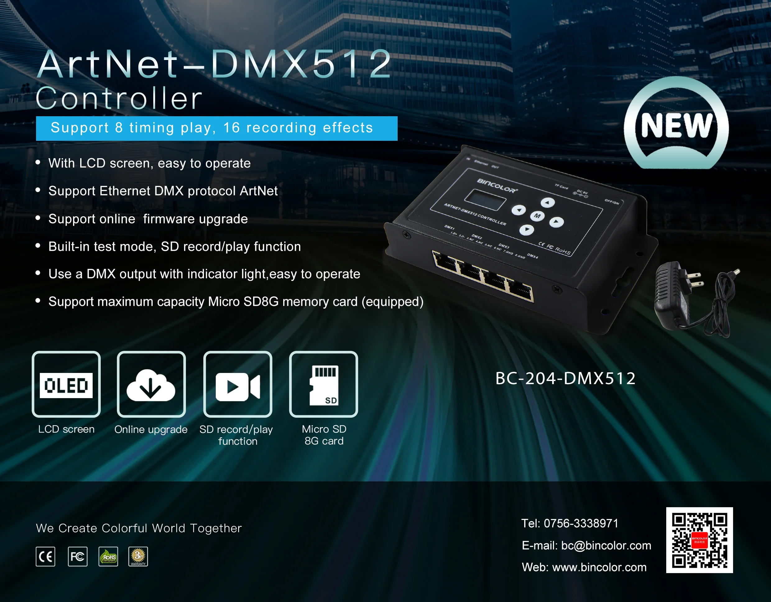 BC-204 Zhuhai Bincolor заводской производитель artnet to spi pixel controller