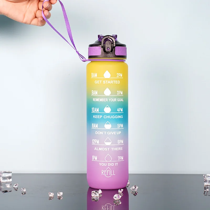 1L 32 oz Straw Strainer Filter Gym Fitness Sports BPA Free Tritan Motivational Water Bottle With Time Marker