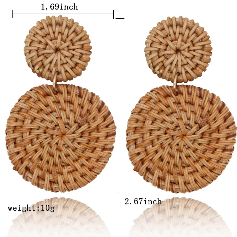 
2019 New Korea Handmade Wooden Straw Woven Rattan Vine Braid Geometric Large Circle Square Long Drop Earrings For Women Girl 