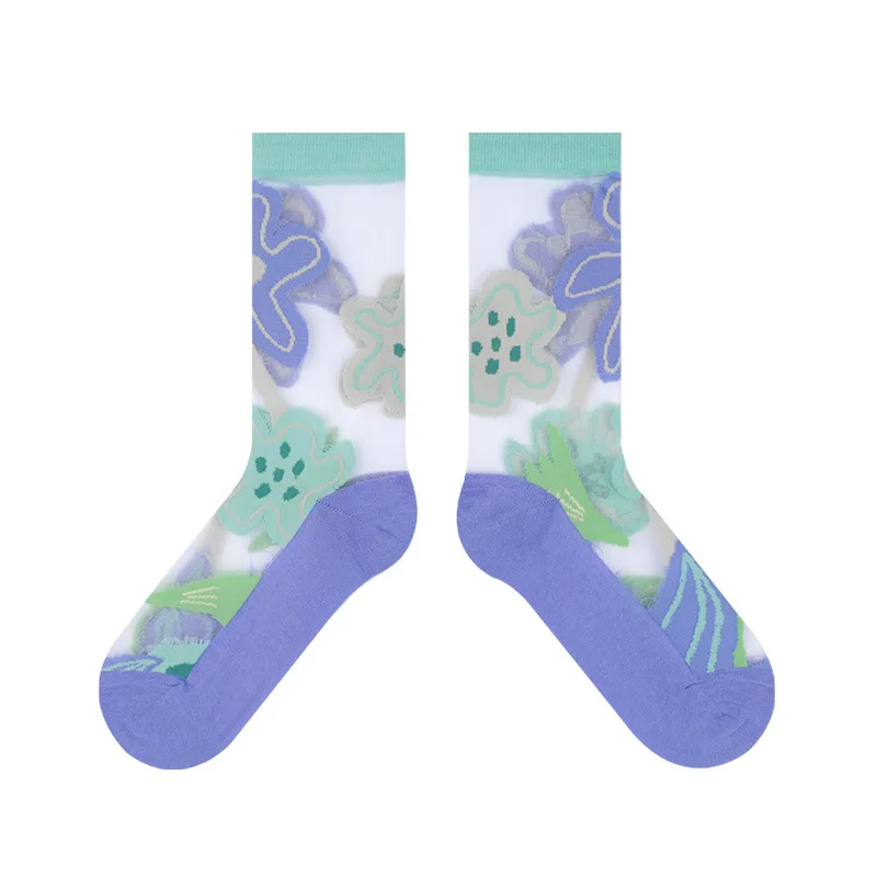 Wholesale Summer Women Tulip Flower Design Thin Nylon Crystal Sheer Socks Transparent Socks