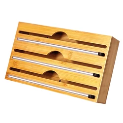 Hot Popular 3 in 1 Bamboo Plastic Wrap Dispenser with Cutter, Aluminum Foil, Wax Paper Roll Organizer for Kitchen Drawer