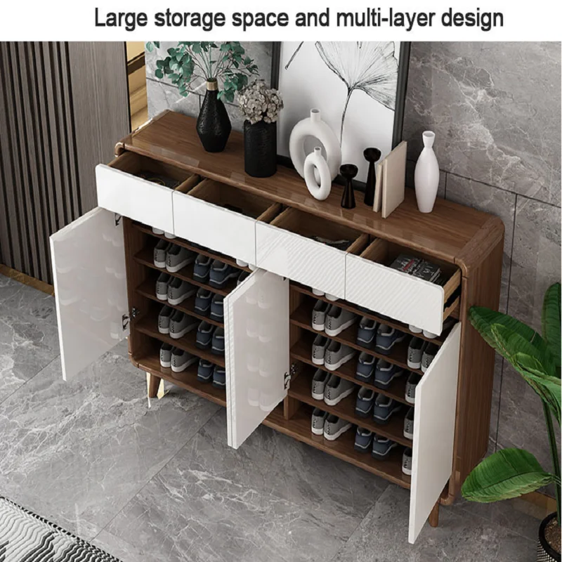 Modern light luxury shoe storage cabinet multifunctional solid wood shoe rack living room Wooden shoe rack with door cabinet