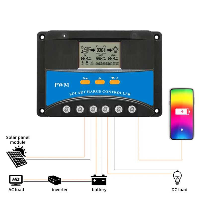 10A 20A 30A 40A 50A 60A 12V 24V USB Smart Battery Regulator PWM Solar Charge Controller