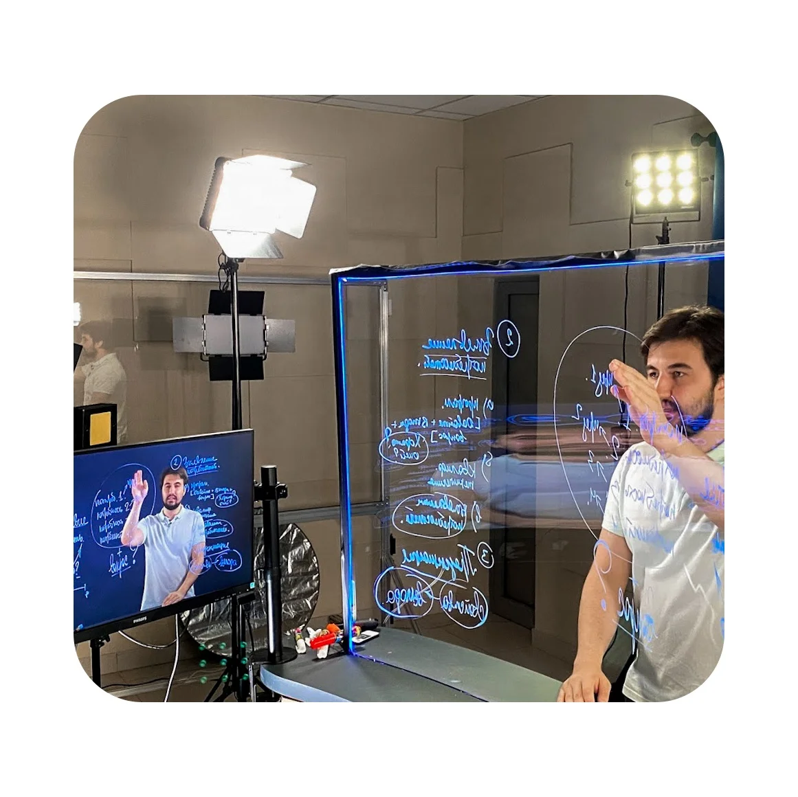 
Large White Board/Flip Chart, Curved Illuminated Glass, Adjustable in Height, Tool for Educational/Entertaining Video Making 